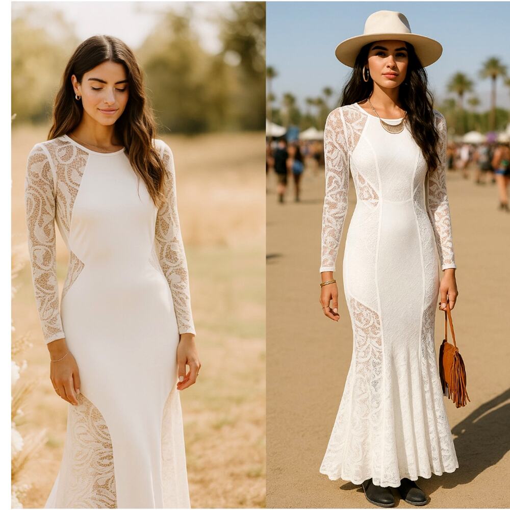 Bebe XS Stretch Lace $215 Maxi Dress Vintage Long Sleeve Bodycon Boho Wedding